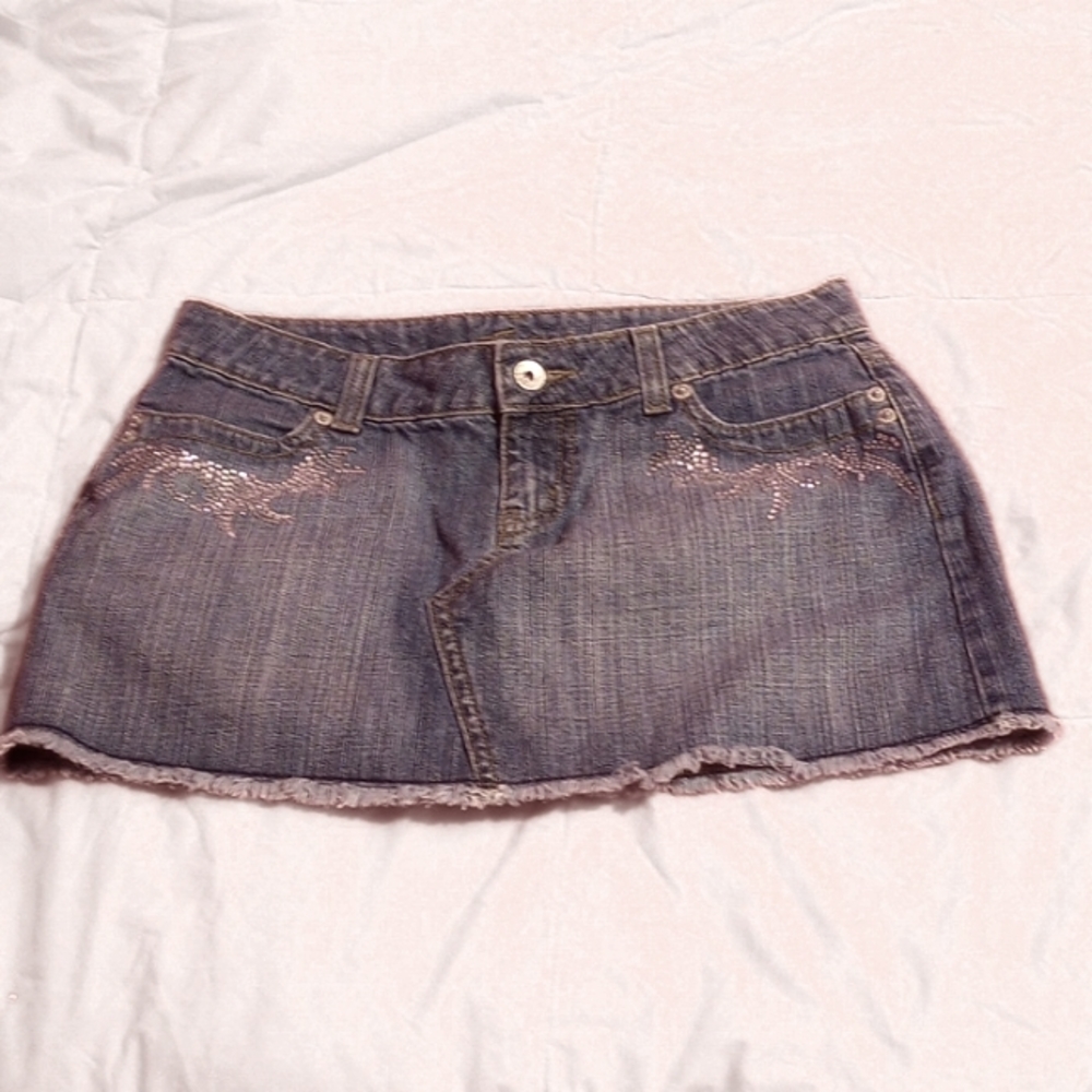 Blue jean mini skirt with rhinestone embellished pockets